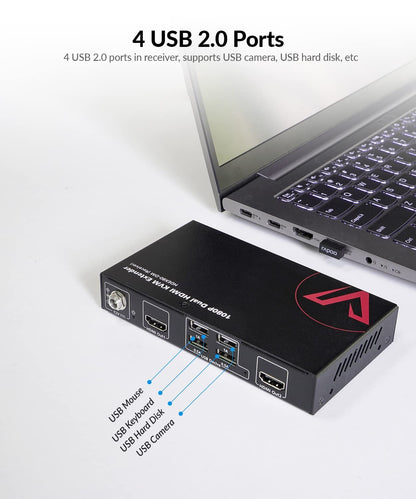 AV Access HDMI KVM Extender LAN Ethernet RJ45 2 Monitor Over Cat5e/6/6a/7 Cable bis zu1080p@60Hz 60m, Zero Latency Extended Dual View, 4 USB 2.0 Ports für Tastatur/Maus, HDCP 1.4, PoC, 1 in 2 Out