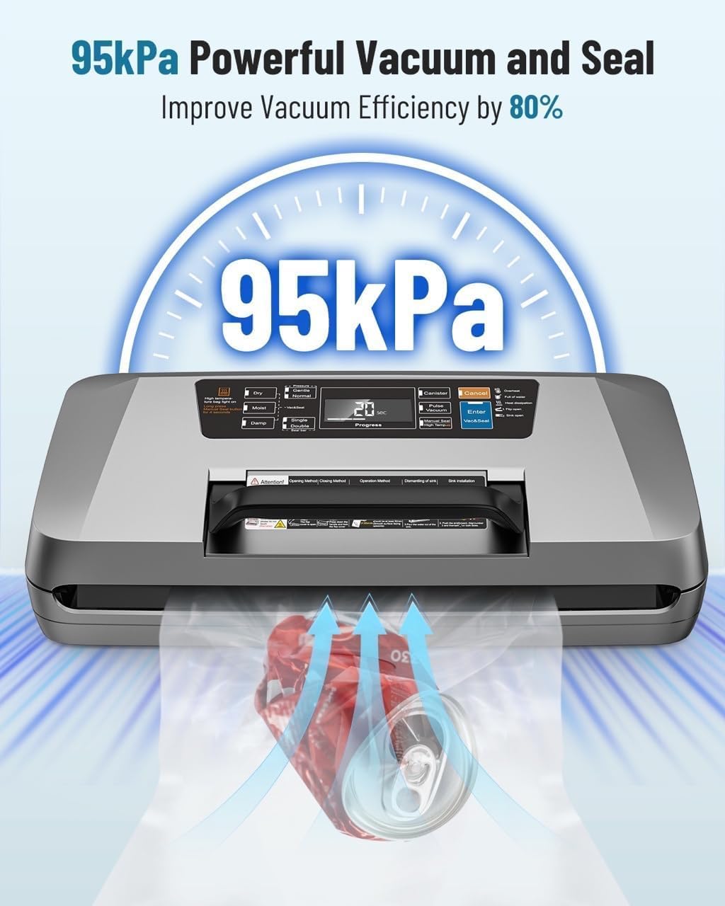 Vacuümmachine Profi, 95kPa 12-in-1 vacuümverpakker voor levensmiddelen, ondersteuning voor non-stop vacuümverpakking, dubbele lasnaad, bediening met één hand, inclusief 1 rol vacuümfolie & 10
