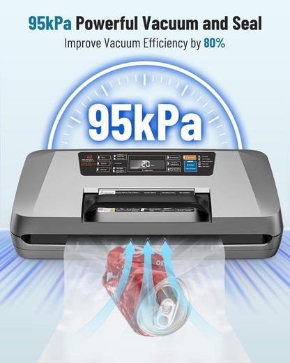 Vacuümmachine Profi, 95kPa 12-in-1 vacuümverpakker voor levensmiddelen, ondersteuning voor non-stop vacuümverpakking, dubbele lasnaad, bediening met één hand, inclusief 1 rol vacuümfolie & 10