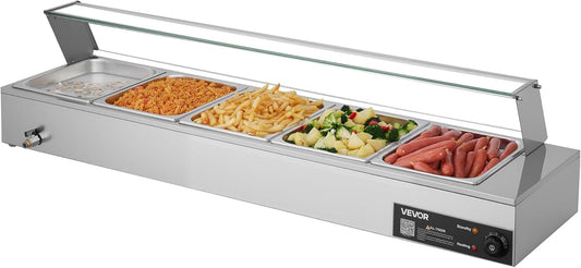 VEVOR Elektrische voedselverwarmer met glazen deksel en 5 containers, 1,5 kW, van roestvrij staal, met waterbad, voor restaurants, feesten en buffetten, 30-85 °C, 1450 x 365 x 335 mm, zilver