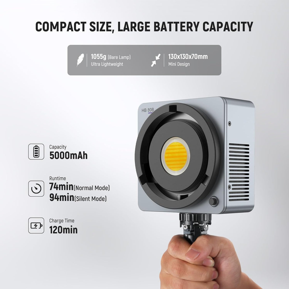 NEEWER HB80B HB80B Led-videolamp, 80 W, met batterij 72 Wh en snel opladen, PD 100 W, app-bediening/2,4 G, mini-licht continu COB tweekleurig, draagbaar, voor studio, 26500 lx/1 m, 2700-6500 K