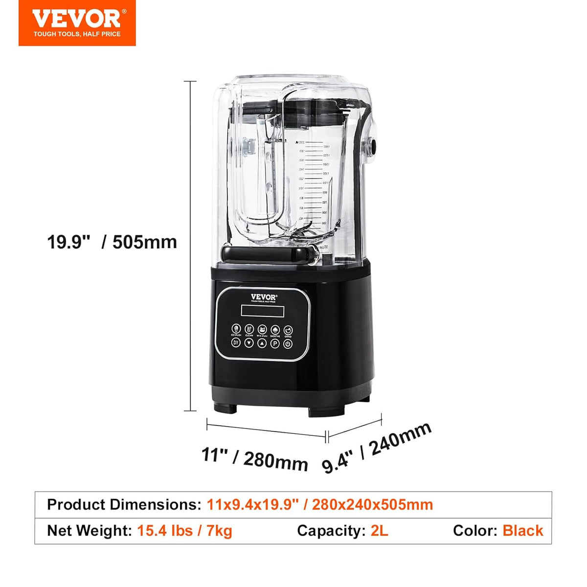 VEVOR Professional Blender with Protection Combined with 2L Glass Jug, Stainless Steel, 9 Speed and 5 Functions, for Smoothies, Black, 280 x 240 x 505 mm