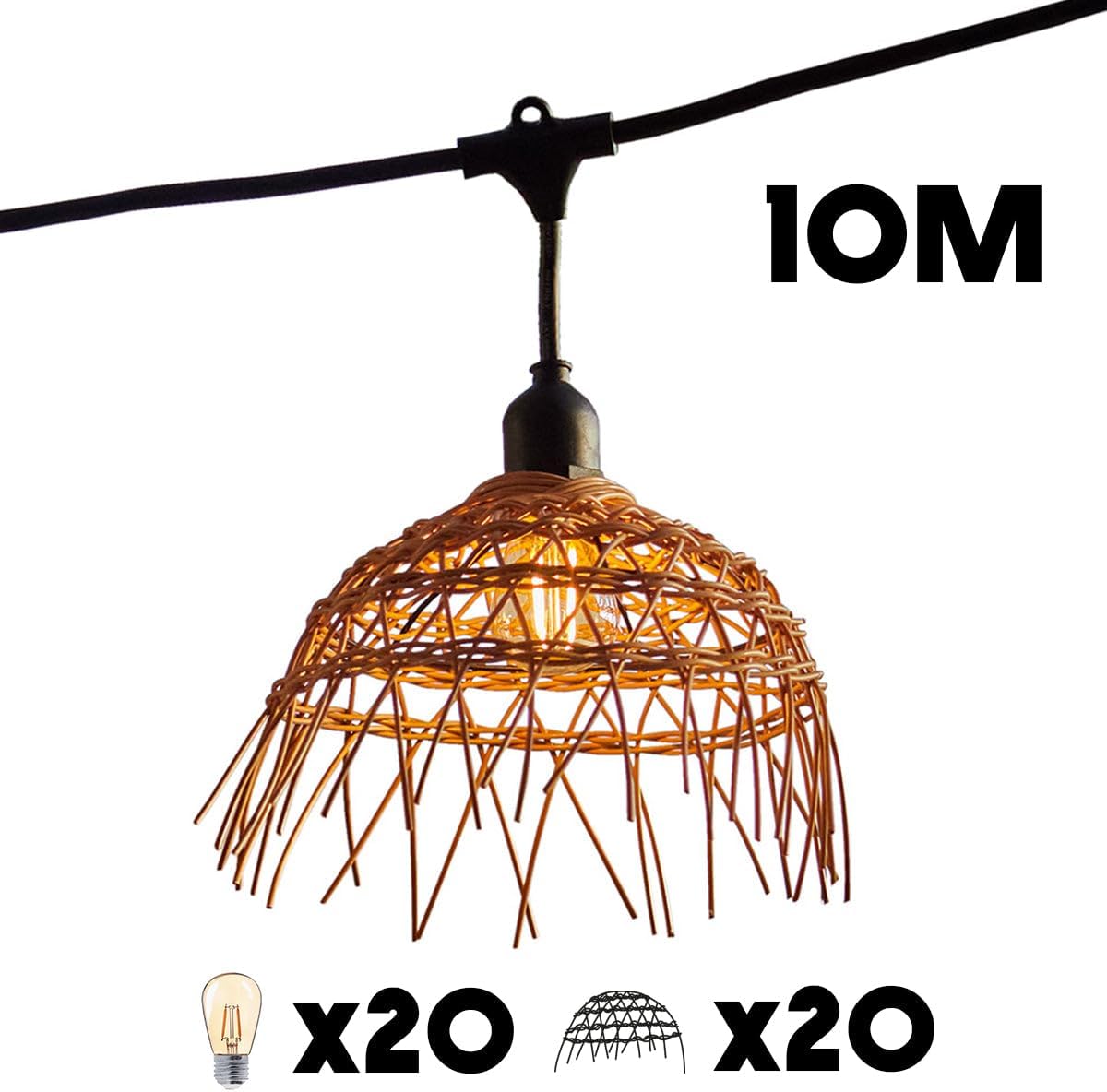 Lichtsnoer voor buiten, aansluitbaar, 10 m, met 20 ledlampen, E27, warmwit, HAWAII LIGHT, bohemien polyrotan lampenkap