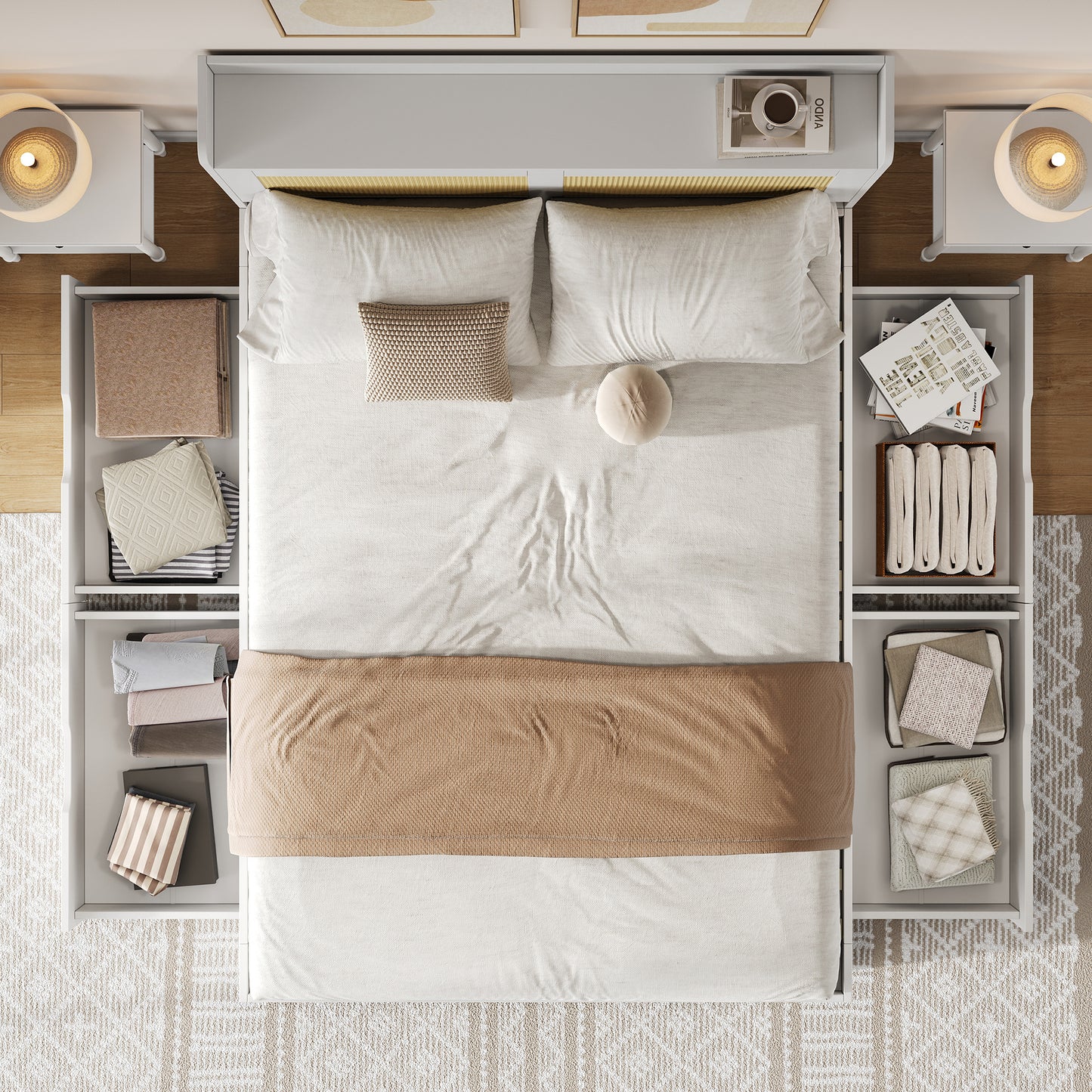 Bedkasten – Opbergbed – Tweepersoonsbed – Massief Houten Bed – Opbergladen – 140x200 cm – Rattan Decoratie – Ruime Opberglades