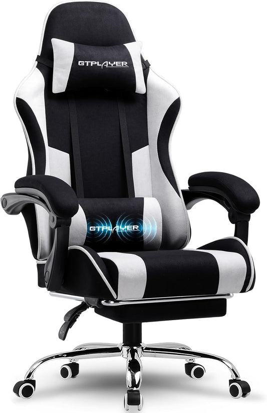 GTPLAYER Gamingstoel, bureaustoel, ergonomische pc-stoel, gamingstoel met massagesteun, task stoelen met voetensteun en hoofdsteun, witte stof