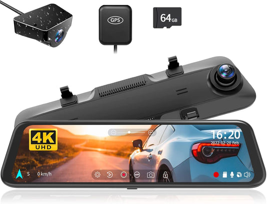 Dashcam Spiegel – Achteruitkijkspiegel Dashcam – Spiegel Dashcam – Dual Dashcam Auto – Auto Camera Voor En Achter – 12 Inch Scherm – 4K Voorcamera, 1080P Achtercamera, GPS En 64GB TF Kaart
