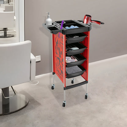 Salonwagen – Kappers Trolley – Werkwagen – Beauty Trolley – Nagelwagen – 5 Lagen Met 4 Laden – Roestvrij Staal & Kunststof – 360° Draaibare Antislip Wieltjes – Zonder Elektriciteit