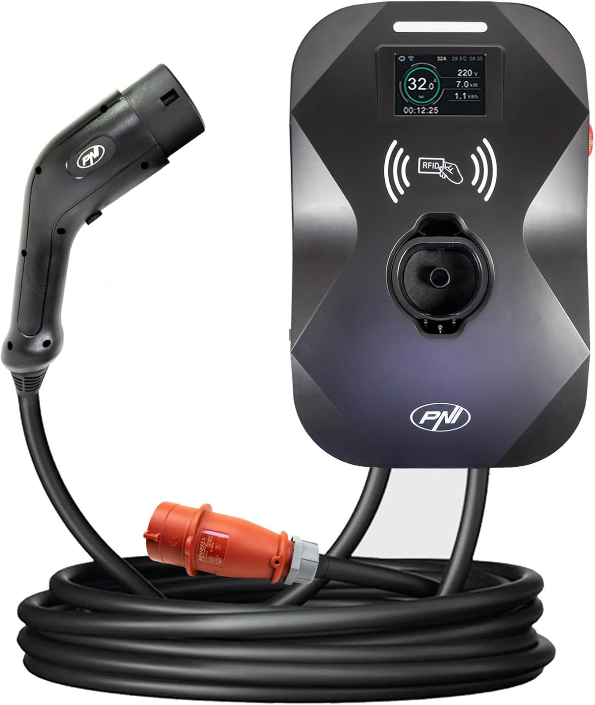 PNI KW11 16A, 11KW laadstation, voor elektrische auto's, 85V - 415V, 7-pins Type2-kabel, 3,5 inch scherm, met Bluetooth, laadactivering via app en RFID-kaart, IP55