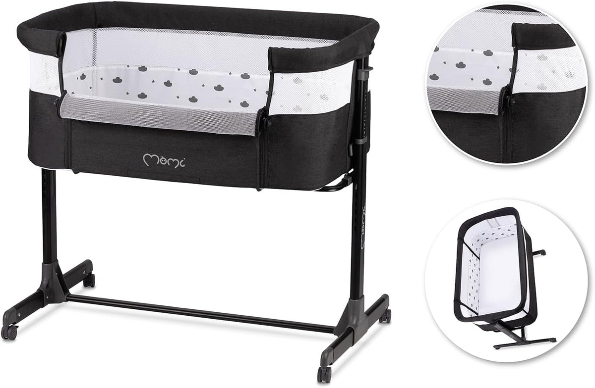 Momi Revo Multifunctionele bijzet- en kinderbed, 6-traps in hoogte verstelbaar van 72 tot 82 cm, met wielen, incl. matras, bevestigingsriemen, insectenbescherming en beugel met speelgoed