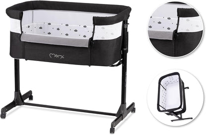 Momi Revo Multifunctionele bijzet- en kinderbed, 6-traps in hoogte verstelbaar van 72 tot 82 cm, met wielen, incl. matras, bevestigingsriemen, insectenbescherming en beugel met speelgoed
