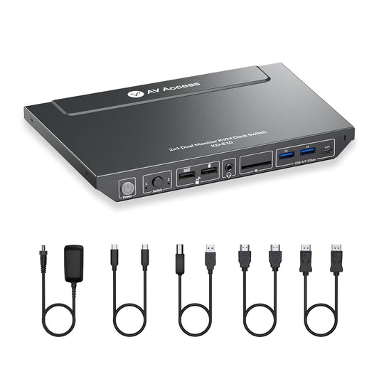 AV Access Docking Station, KVM Switch voor Laptop & Desktop,100W Opladen, 4K@60Hz Dual Monitor HDMI, 3xUSB 3.0, USB-C, 1G Ethernet, EDID-ondersteuning, SD, 3,5 mm AUX Audio, Snel Schakelen 2 Computers