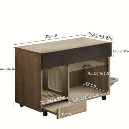 Portable Cat Litter Cabinet with Cat Food Tray & Odor-Control System - 4-Wheel Mobile Storage Unit, Perforated Plate & Sand Collection Tray, Space-Saving Design for Cats (Compatible with Litter Boxes, Litter Box Not Included)