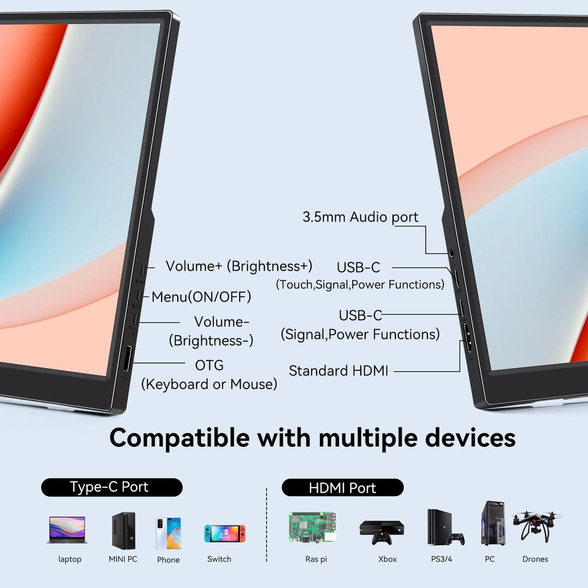 Portable Monitor Touch Screen 14 inch, HDR 1920x1200P IPS Touch Screen with HDMI and USB C, Built-in Speakers/Kickstand Portable Monitor for Laptop Mac Switch Xbox PS3/4 - QUORE