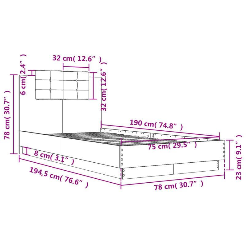 Bedframe – Bed – Slaapbed – Ledikant – Logeerbed – Massief Hardhout & Spaanplaat – 75x190 cm – Afneembaar Hoofdbord – Eenvoudige Montage Zonder Gereedschap