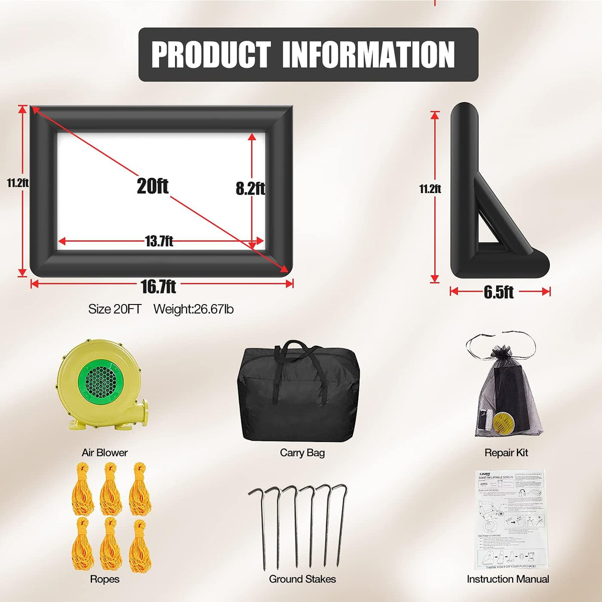 Opblaasbare beamerscherm, projectiescherm met standaard en ventilator, projectie voor en achter, voor en buiten, projector, scherm, draagbaar, blow-up filmscherm 16: 9, voor thuisbioscoop (50 m)