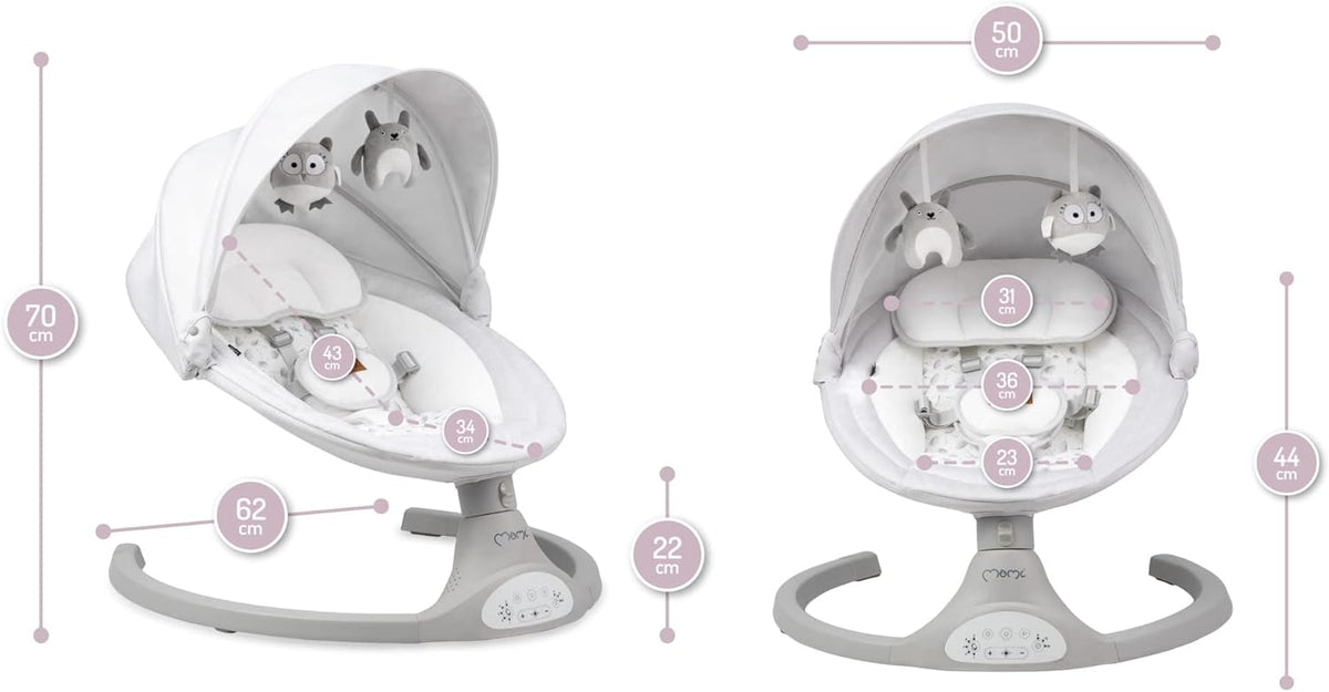 MOMI KENANI Rocking Chair for Children up to 9 kg Weight Foldable with Remote Control and Bluetooth for Connecting to Smartphone, Batteries and Mains with 5-Point Safety Belt - QUORE