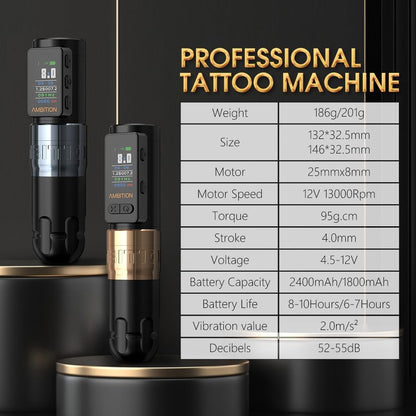 Ambition Soldier Max Tattoo Machine Rotary Cartridge Pen Gun met 2400mAh batterij Factureringsfunctie Frequentiemodus Stabiliserende systeemvoorziening voor professionele tattoo-artiesten