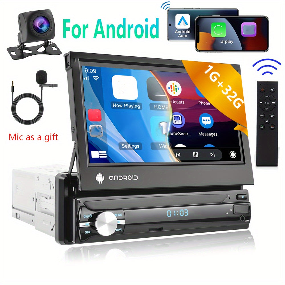 1Din Android Car Radio With Navigation Wireless Hands-Free Kit, 17.78 cm Manual Extendible Display Car Radio With Wireless Android Auto Screen Reversing Camera RDS FM Radio WiFi Miror Link + Mic [2G+64G], Without Battery
