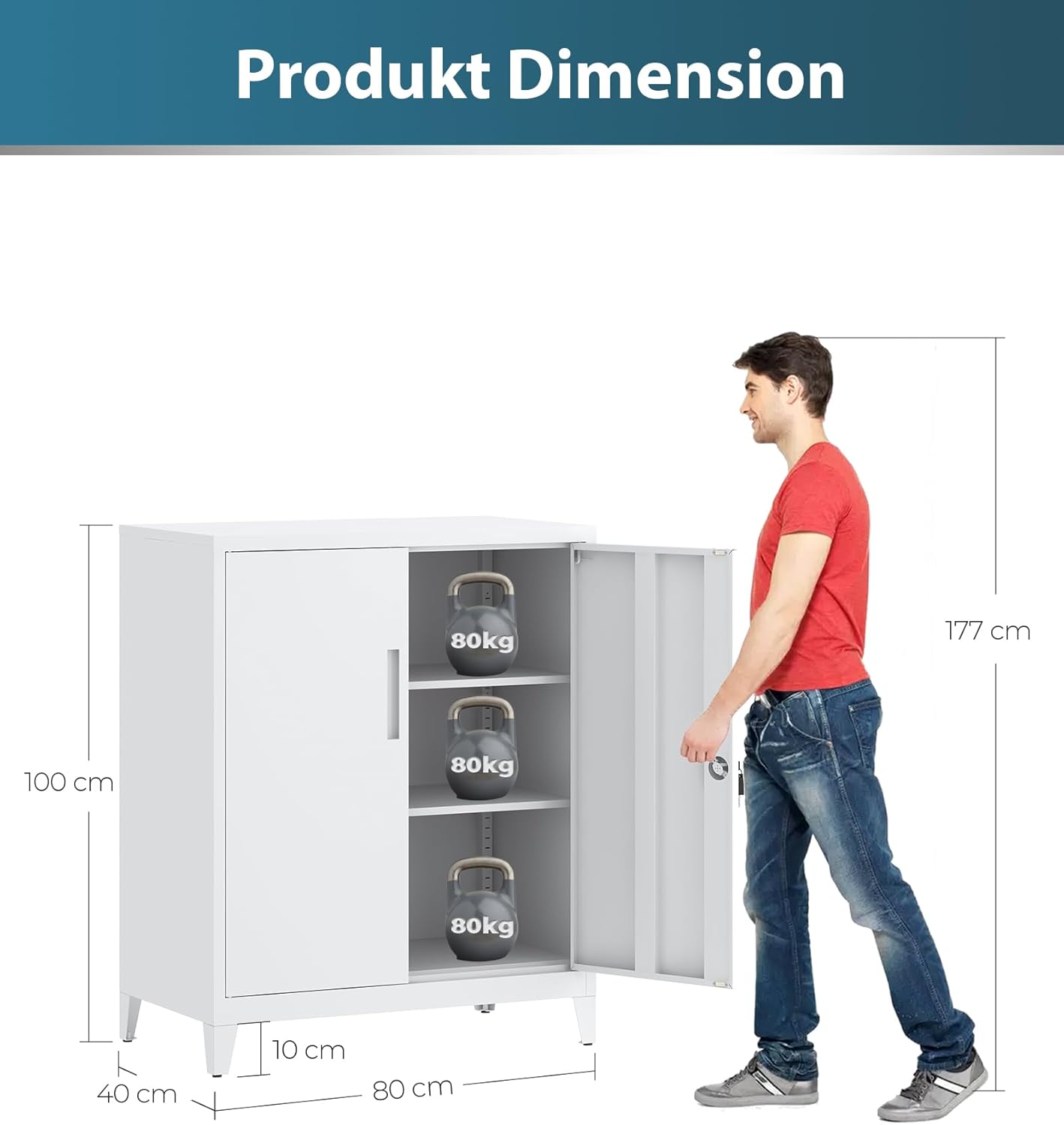 Dossierkast, afsluitbare garagekast, 2 niveaus, bureaukast, werkplaatskast met verstelbare planken, voor kantoor, garage en bijkeuken, 40 x 80 x 100 cm, wit