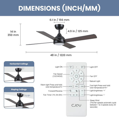 CJOY Plafondventilator met afstandsbediening, 122 cm, houten plafondventilator met licht, stil, 6 snelheden, geheugen 3CCT, dimbaar, omkeerbare DC, slaapmodus, timer, slaapkamer