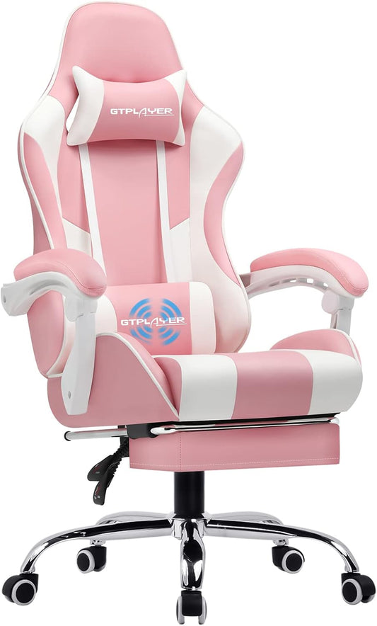 GTPLAYER Office Chair, Gaming Chair with Massage Function, Ergonomic Gamer Chair with Footrest, Headrest, Lumbar Cushion, Swivel Chair with Padded Cover, Pink - QUORE