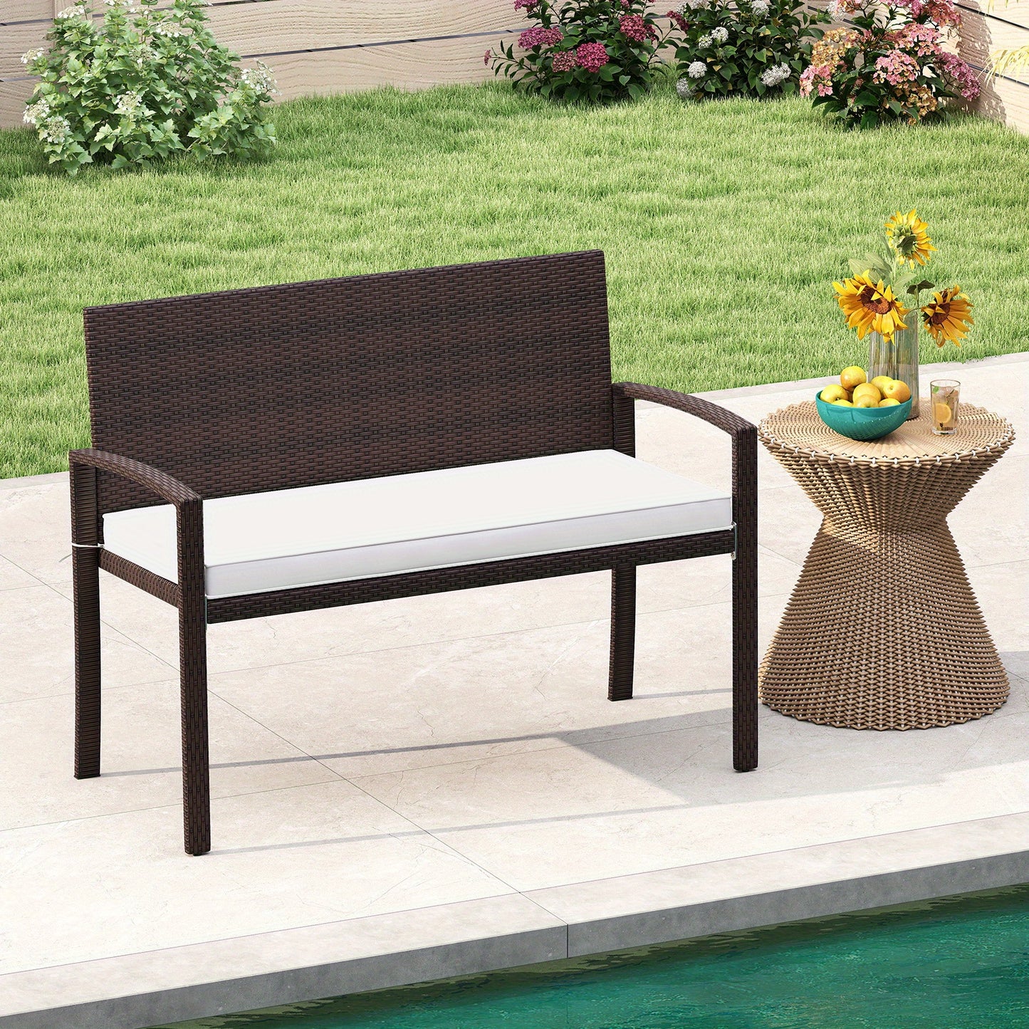 Tuinbank – Buitenbank – Balkonbank – Patio Bank – Zweezits Tuinmeubel – Polyrattan – Lichtgewicht Metalen Frame – Verwijderbare Zitkussen – Duurzaam Bruin