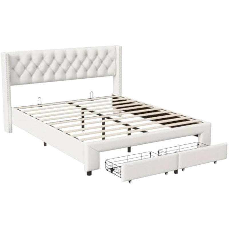 Bed – Bedkast – Tweepersoonsbed – Opbergbed – Opbergkast – Crème Kleur – LED Hoofdbord – 140x200 cm – 2 Grote Lades – USB Oplaadpoort
