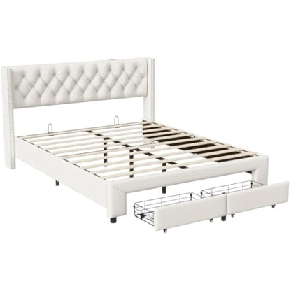 Bed – Bedkast – Tweepersoonsbed – Opbergbed – Opbergkast – Crème Kleur – LED Hoofdbord – 140x200 cm – 2 Grote Lades – USB Oplaadpoort