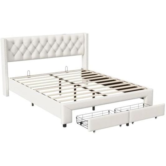 Bed – Bedkast – Tweepersoonsbed – Opbergbed – Opbergkast – Crème Kleur – LED Hoofdbord – 140x200 cm – 2 Grote Lades – USB Oplaadpoort