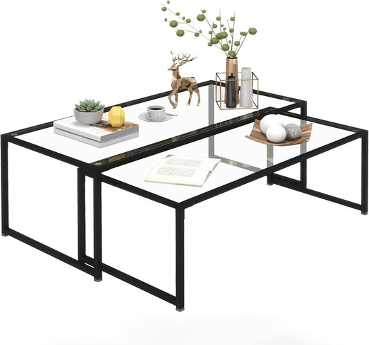 Salontafelset – Bijzettafel – Koffietafel – Tafeltjes – Glazen Tafel – Zwart Stalen Frame – Gehard Glas, Stapelbaar - QUORE