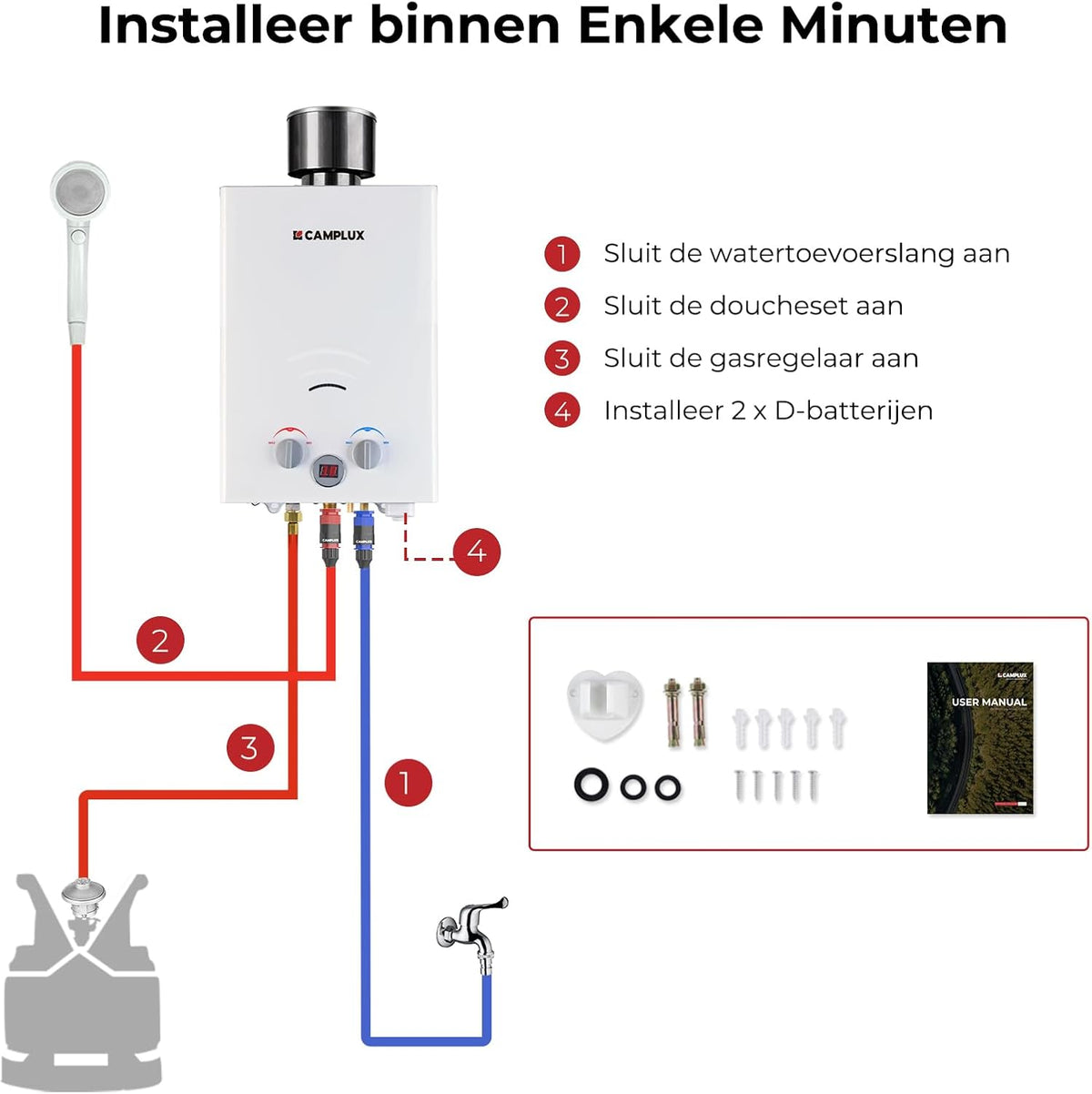 Camplux BW158C Tankless LPG doorstroomboiler op gas met regenhoes, draagbare boiler, 6 l, 12 kW, 50 mbar, voor camping, paardendouche