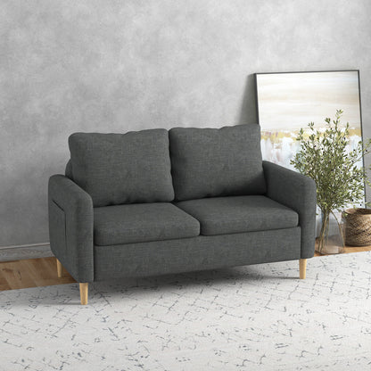 Bankstel – 2-Zitsbank – Zitbank – Sofa – Loveseat – Scandinavisch Design – Grijze Linnenlook Stof – Met Opbergvakjes Armleuningen – Massief Beukenhouten Poten