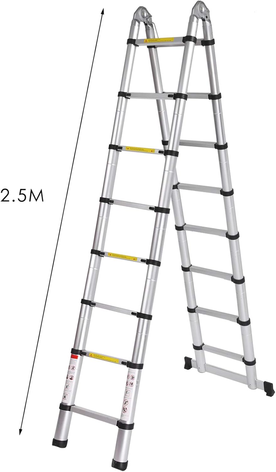 Telescoopladder, uitschuifbare ladder, van hoogwaardige aluminium ladder, multifunctionele ladder, telescopisch design, tot 150 kg belastbaar (5 m, 2,5 + 2,5 mm)