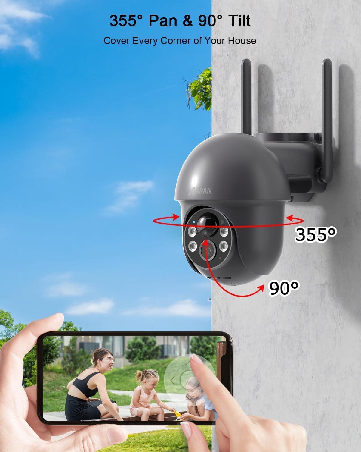 ANRAN 2K HD Bewakingscamera Batterij Buiten Wi-Fi, 360 Graden Draaibare Draadloze Bewakingscamera met Zonnepaneel, PIR Bewegingsdetector met Overstromingslicht, 2-Weg Audio, Nachtzicht, Q01 Grijs