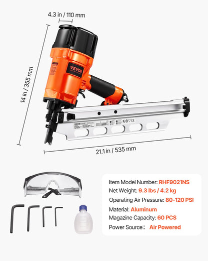 VEVOR Table nail, compressed air nail machine for round head frame, complete from 50 to 90 mm, 21 degrees, double relaxation mode and depth adjustment without tools