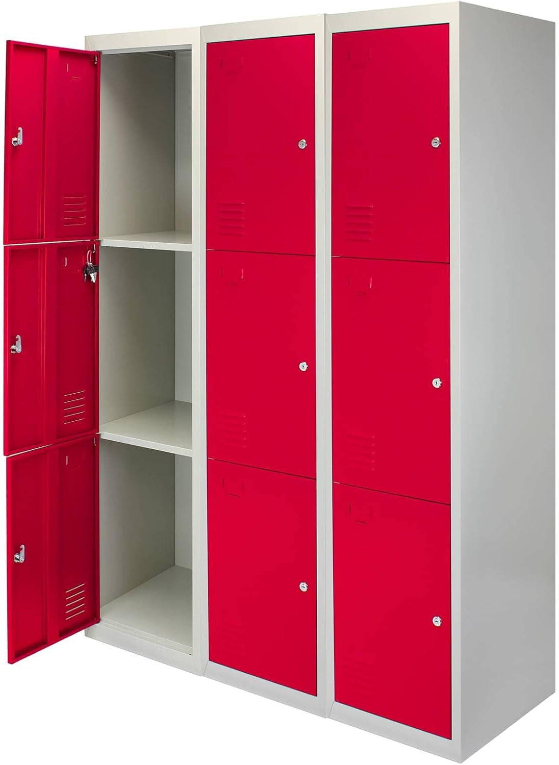 Monster Shop 3 x Red 3 Door Metal Storage Lockers, Blue & Grey Steel Lockable Unit, Gym Dressing Room School Staff Locker - QUORE