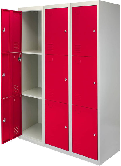 Monster Shop 3 x Red 3 Door Metal Storage Lockers, Blue & Grey Steel Lockable Unit, Gym Dressing Room School Staff Locker - QUORE