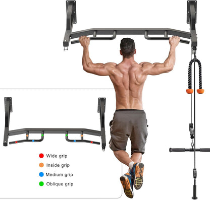 48" Wall Mounted Multifunction Cable Pulley System Gym, 48" Wall Mounted Pull Up Bar, Cable Machine LAT Pulldown Attachments, DIY Home Gym Pulley Cable Machine Attachment System, Punching Bag Hanr
