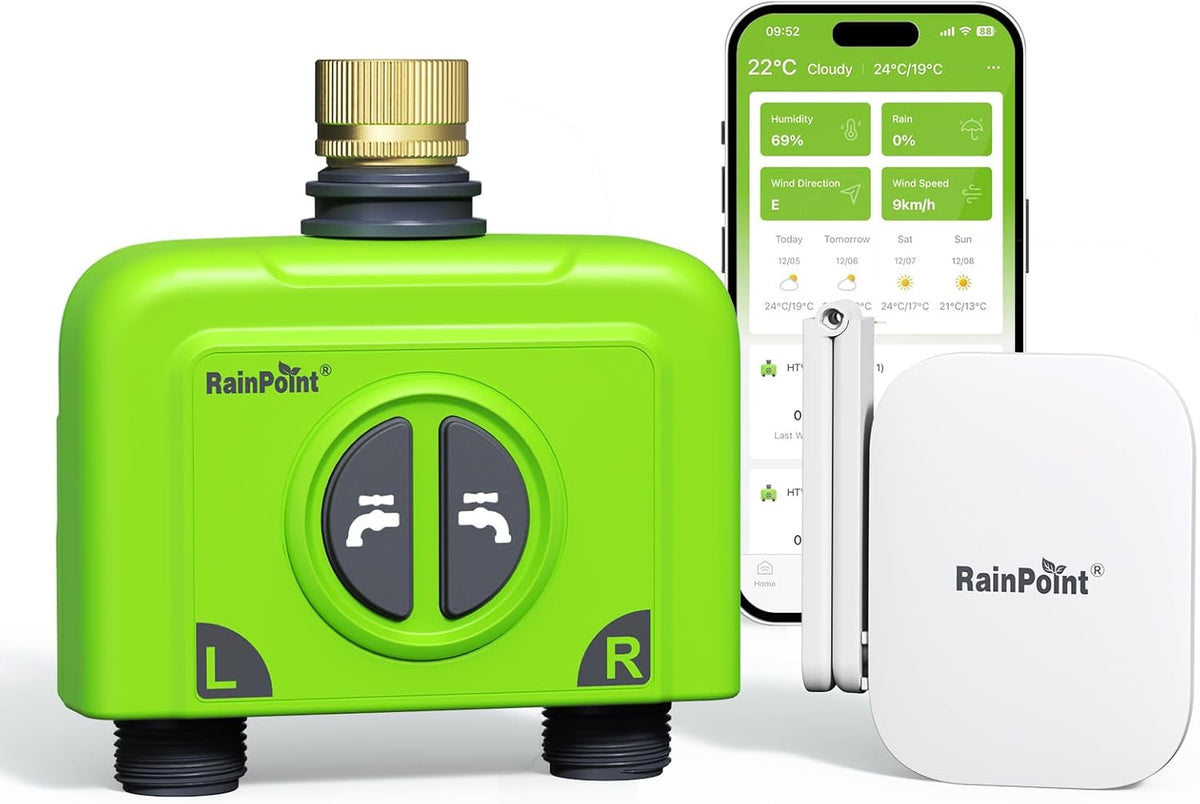 RAINPOINT Irrigatiecomputer, wifi, 2 uitgangen met antenne-gateway en messing inlaat, slimme irrigatiebesturing met app/spraakbediening, IP65, tuin, automatisch bewateringssysteem, 2 x 6 tijdschema's