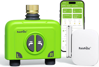 RAINPOINT Irrigatiecomputer, wifi, 2 uitgangen met antenne-gateway en messing inlaat, slimme irrigatiebesturing met app/spraakbediening, IP65, tuin, automatisch bewateringssysteem, 2 x 6 tijdschema's