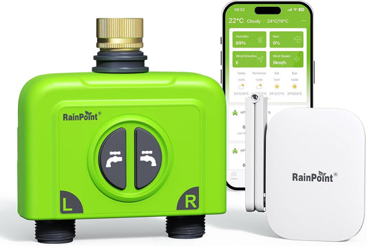 RAINPOINT Irrigatiecomputer, wifi, 2 uitgangen met antenne-gateway en messing inlaat, slimme irrigatiebesturing met app/spraakbediening, IP65, tuin, automatisch bewateringssysteem, 2 x 6 tijdschema's