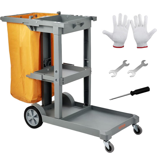 VEVOR Professional Household Cart, 3 Floors, Cleaning Trolley, Polypropylene Washing with PVC Bag, Maintenance Car, Load, 90.7 kg, Liquid Movement, Storage, Maintenance Tools, Office, Hotel, Grey