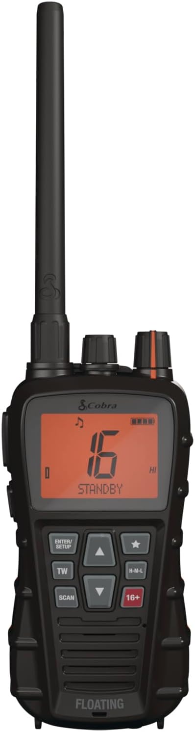 Cobra BlueBound 350 Handheld Zwevende VHF Marine Radio - 6 Watt, Float n ' Flash, IPX7 Waterdicht, Dompelbaar, Dag/Nacht LCD-display, Geheugenscan, Tri-Watch, Zwart