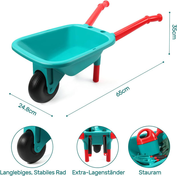 Kruiwagen - Kruiwagen voor Kinderen - Tuinset - met Gieter - Handschoenen - Handhark - Schep - Troffel - Schort - Binnen - Buiten - Speelgoed - voor Jongens - Meisjes - Kunststof - 65 x 24.8 x 35 cm - Turquoise