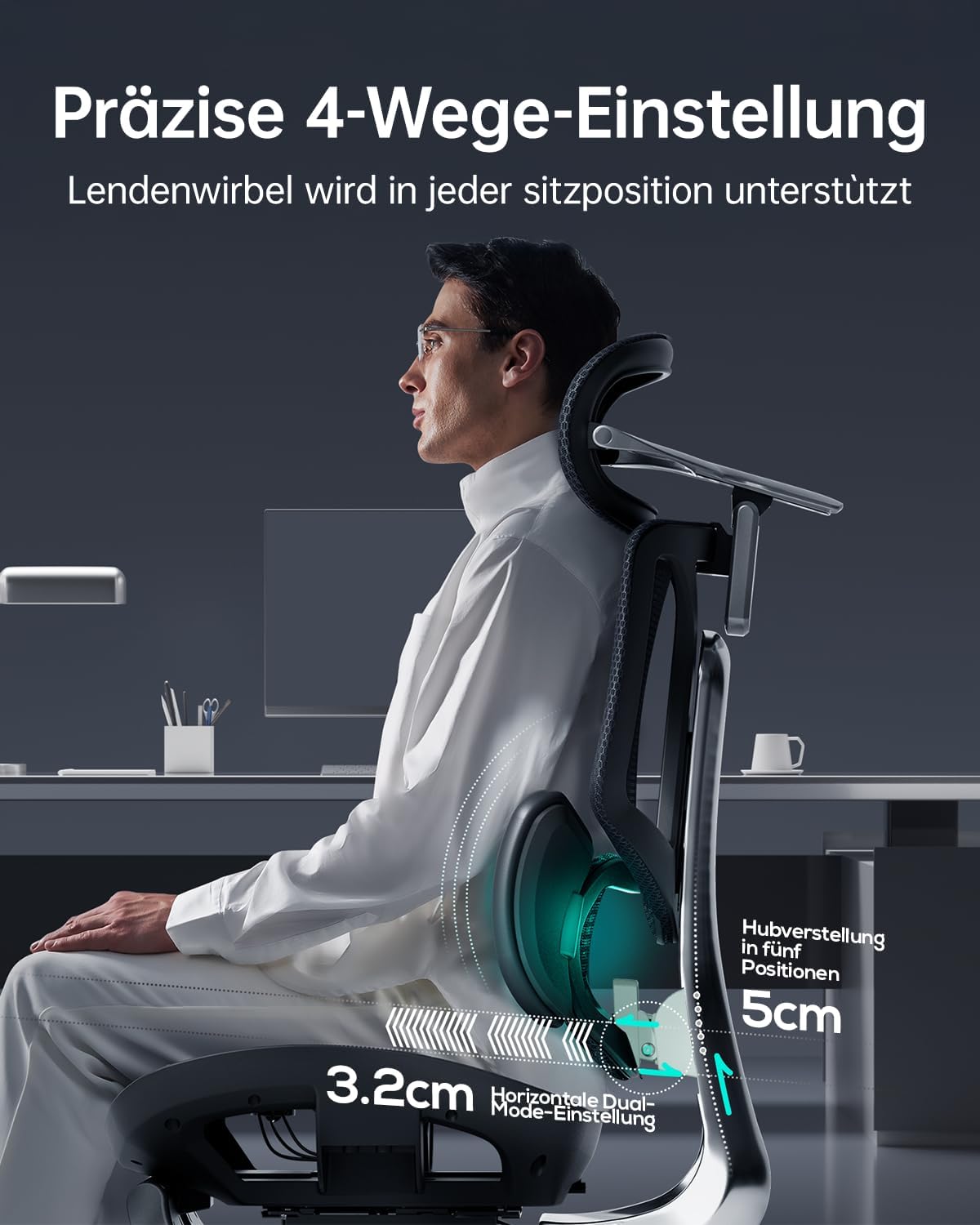 Ergonomische Bureaustoel – Bureaustoel Kantoorstoel Werkstoel Studiefauteuil – 3-Zones Dynamische Lendensteun – 4D Verstelbare Hoofdsteun & 360° Verstelbare Armleuningen