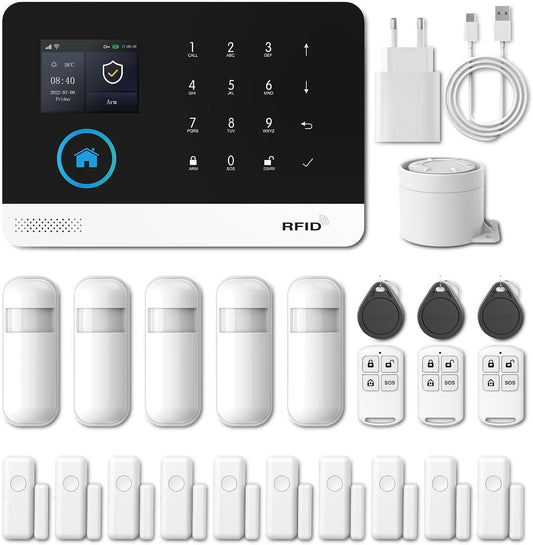 PGST Alarmsysteem, 21 stuks, wifi smart alarmsysteem met voor thuisbeveiliging, real-time app push, willekeurig uitbreidbaar, werkt met Alexa, voor deur, raam, camper, woning, garage (PG103-2G-A)