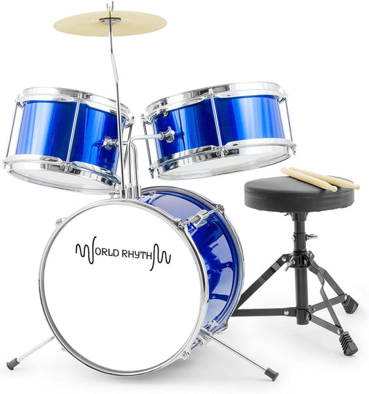 Kids Drum Kit - Blauw 3-delige Junior Drumset, Kinderdrumset met Troon en Drumsticks