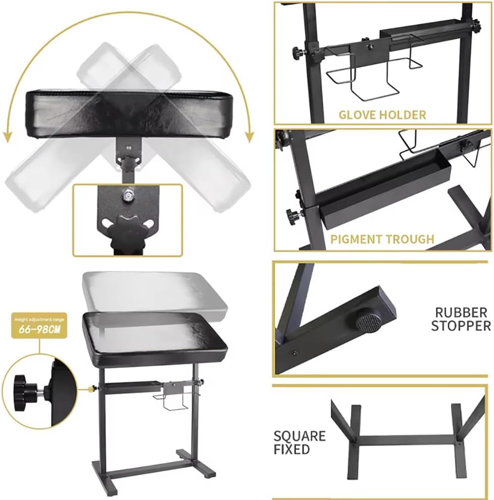 Professionele verstelbare tattoo-armsteun – hoogte 66-98 cm, 340° draaibare tafel (60 x 40 cm) met PU-lederen bekleding, stabiele ijzeren basis en accessoirevak voor studio en tattoo-kunstenaars