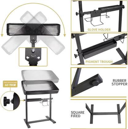Professionele verstelbare tattoo-armsteun – hoogte 66-98 cm, 340° draaibare tafel (60 x 40 cm) met PU-lederen bekleding, stabiele ijzeren basis en accessoirevak voor studio en tattoo-kunstenaars