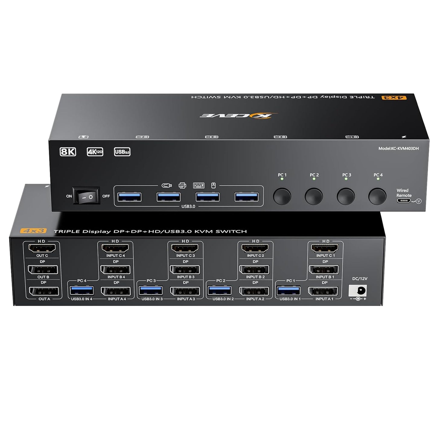 KVM Switch 3 monitoren 4 pc's, 2 DisplayPort + 1 HDMI USB 3.0 KVM-schakelaar, ondersteunt 4K @60 Hz voor 3 computers die 2 DP-monitoren, toetsenbord en muis delen
